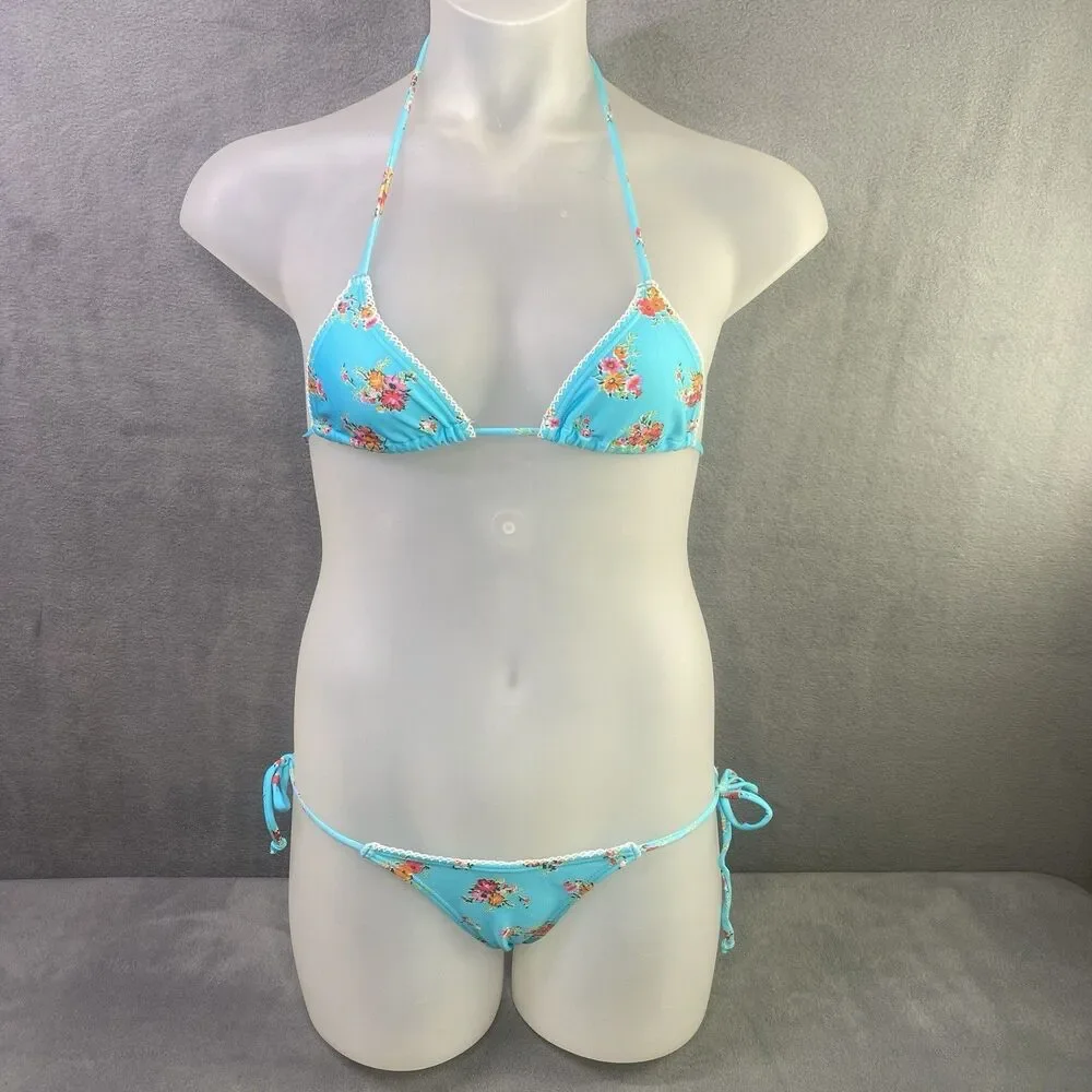 AGUA DOCE Brazilian 2-pc Bikini Size Large Blue Flowers Lace Trim Hip Tie